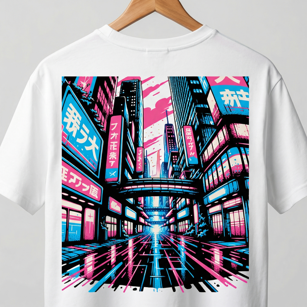 Japanese Street Cyberpunk T-Shirt | Neon Tokyo Back Print Tee – Men's