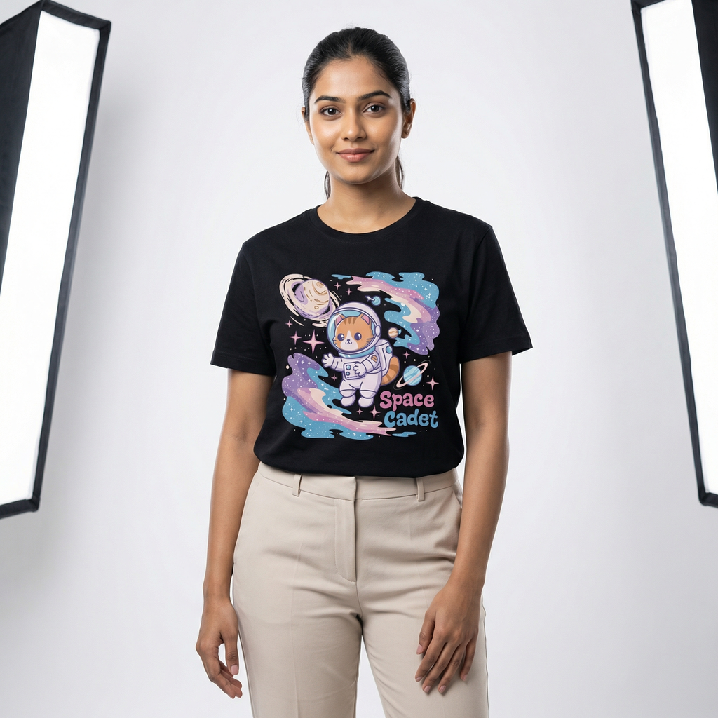 Space Cadet Astronaut Cat T-Shirt | Cute Galaxy Explorer Tee – Women's