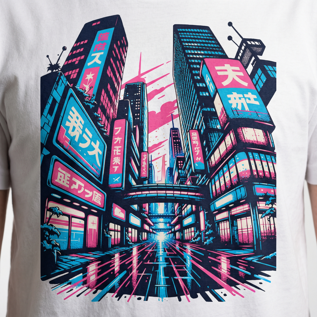 Japanese Street Cyberpunk T-Shirt | Neon Tokyo Back Print Tee – Men's