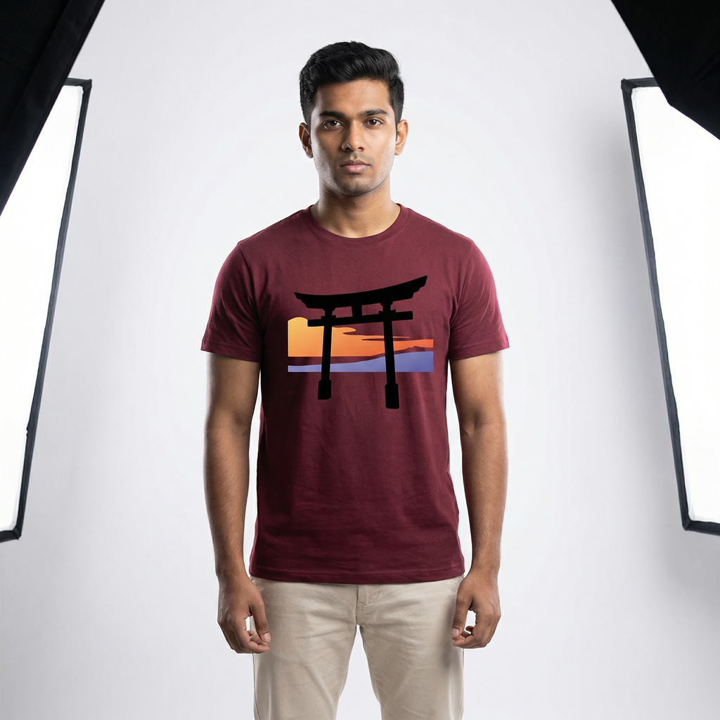Japanese Torii Gate Sunset T-Shirt | Minimalist Japan Art Tee – Men's