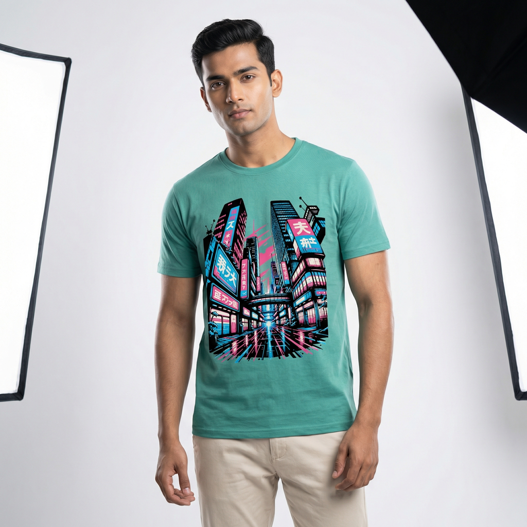 Japanese Street Cyberpunk T-Shirt | Neon Tokyo Back Print Tee – Men's