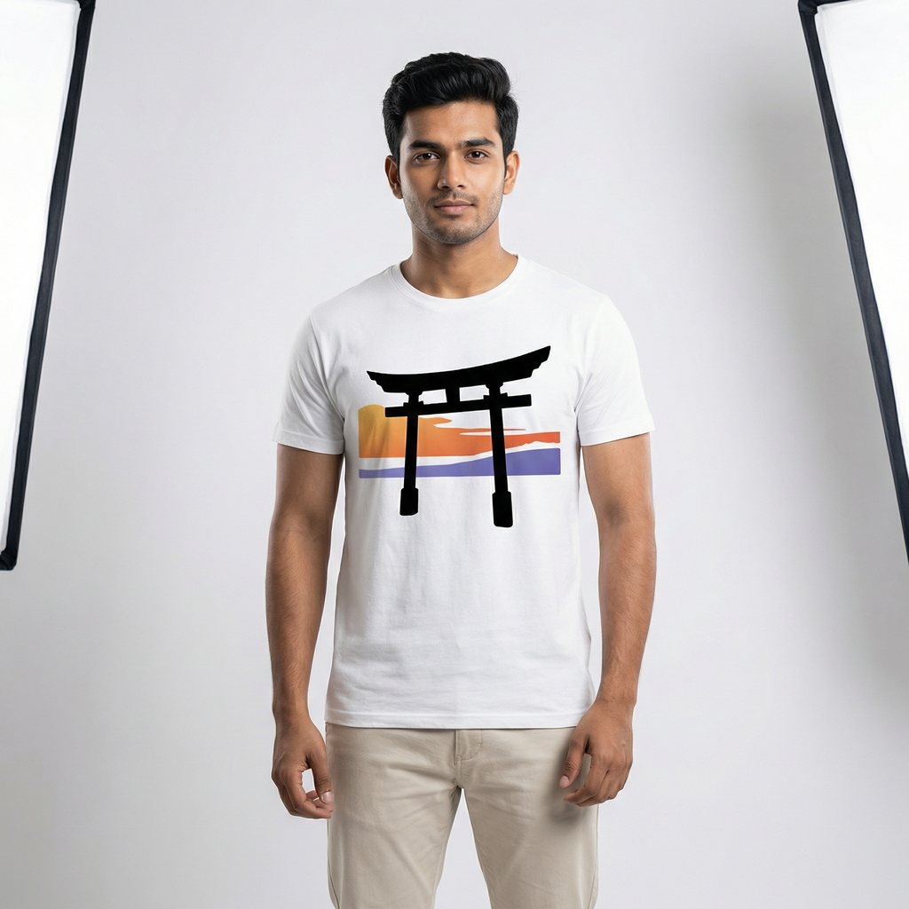 Japanese Torii Gate Sunset T-Shirt | Minimalist Japan Art Tee – Men's