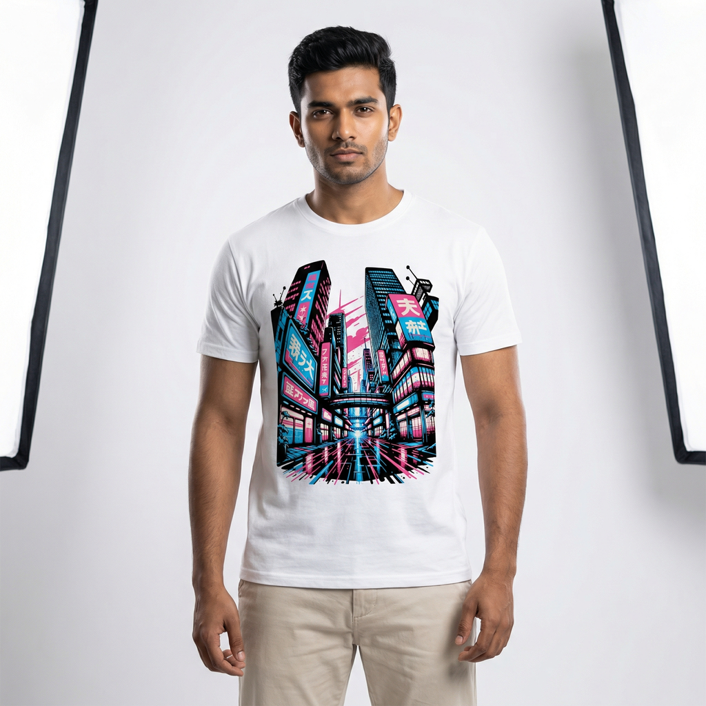 Japanese Street Cyberpunk T-Shirt | Neon Tokyo Back Print Tee – Men's