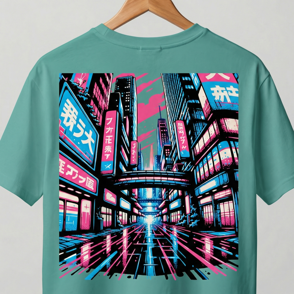 Japanese Street Cyberpunk T-Shirt | Neon Tokyo Back Print Tee – Men's